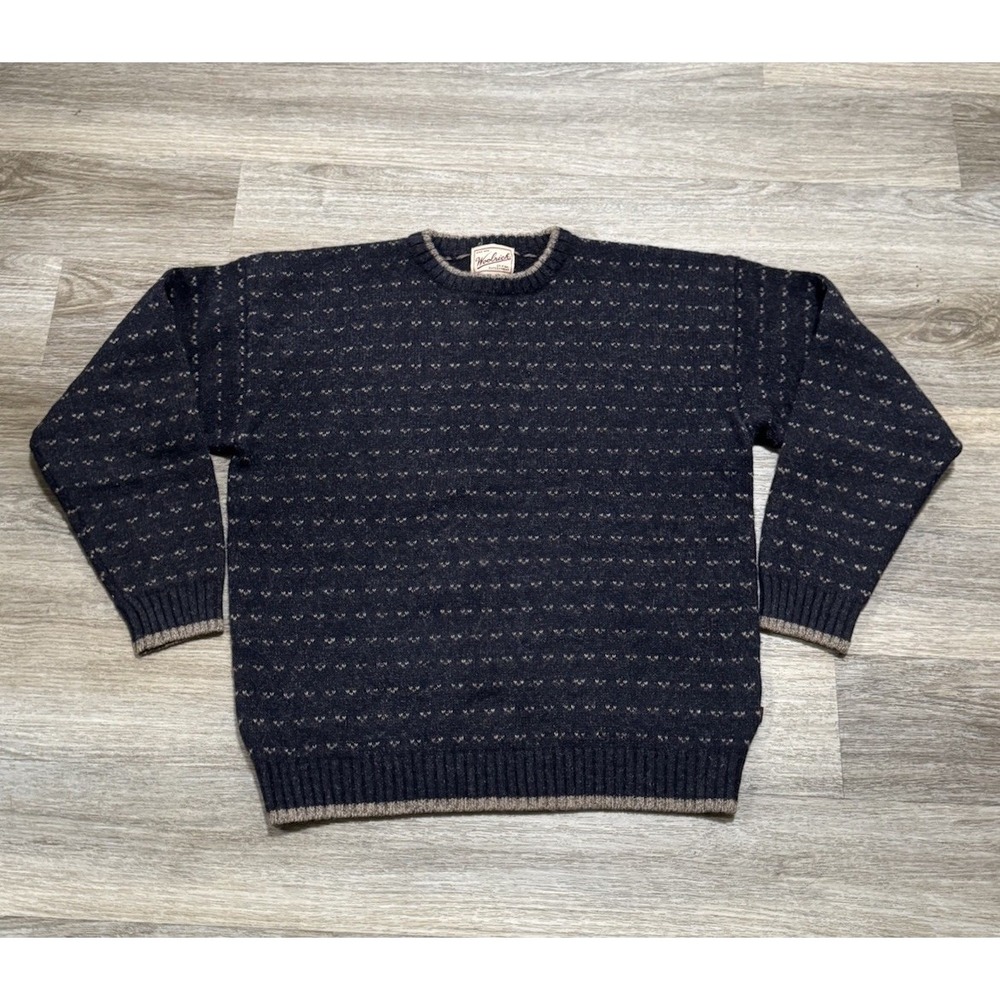 Woolrich Sweater Mens Large Navy Wool Nottingham Tweed Birdseye Crewneck